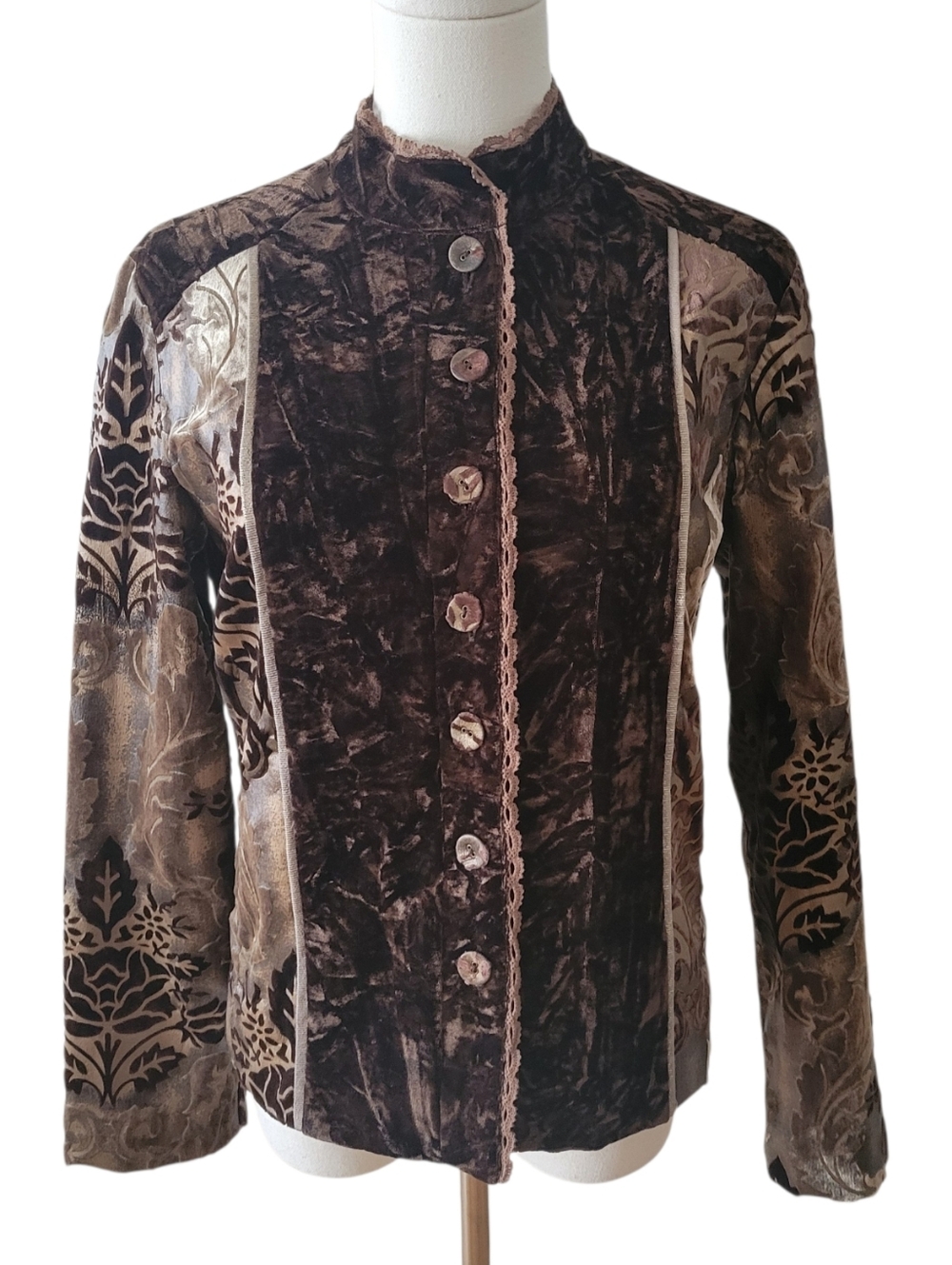 Chicos Brown‎ & Gold Floral Velvet Jacket Size 0